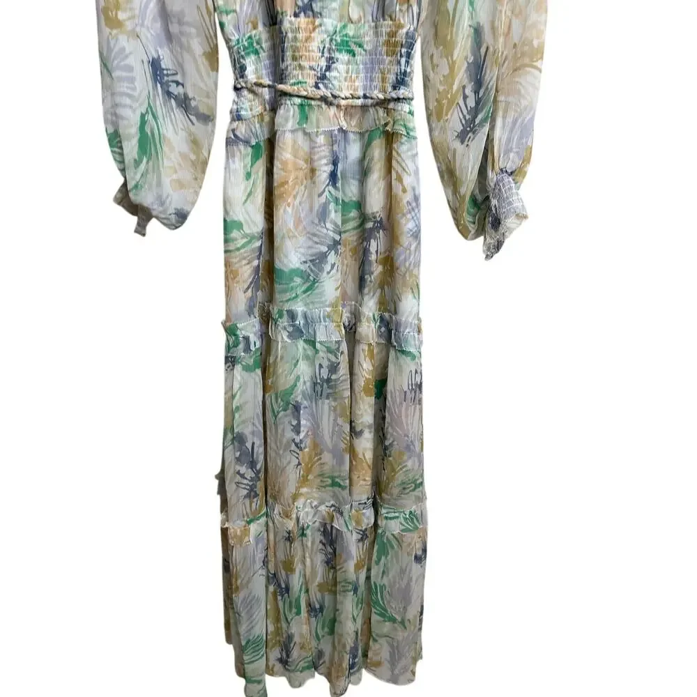 Christy Lynn Florence Maxi Dress Womans M NWOT 100% Silk Smocked Palm Print